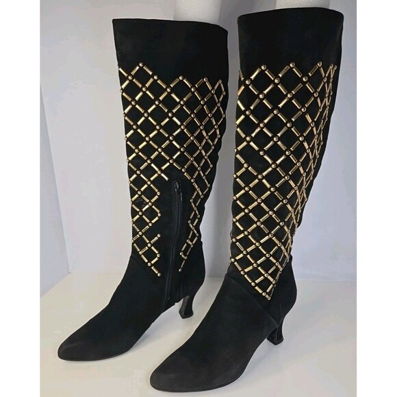 Stuart Weitzman New York Black Suede Knee High Boots-Gold Crosshatch Design Sz 7 - Picture 3 of 13